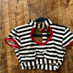 Custom Dance Striped Black and White Crop Top with Red rhinestones.
